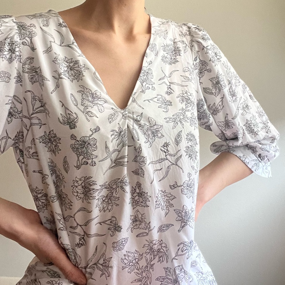 Boho white blouse floral line etching print